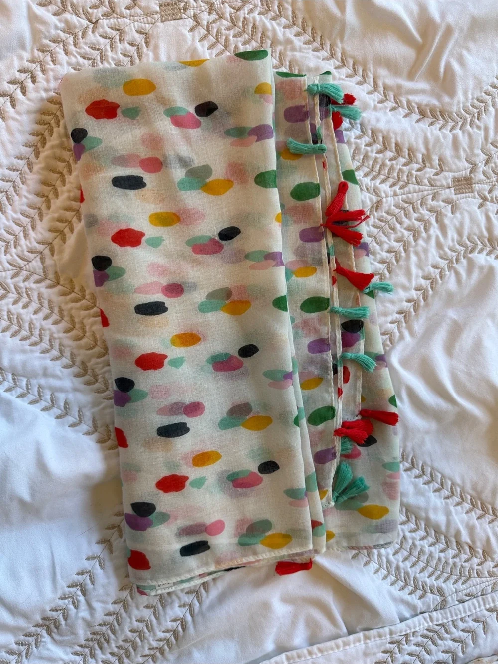 White Multicolor Dot Scarf Topper